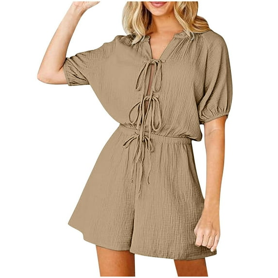 aidice Jumpsuits for Women V Neck Drawstring Puff Sleeve Loose Elastic Waisted Wide Leg Shorts Rompers