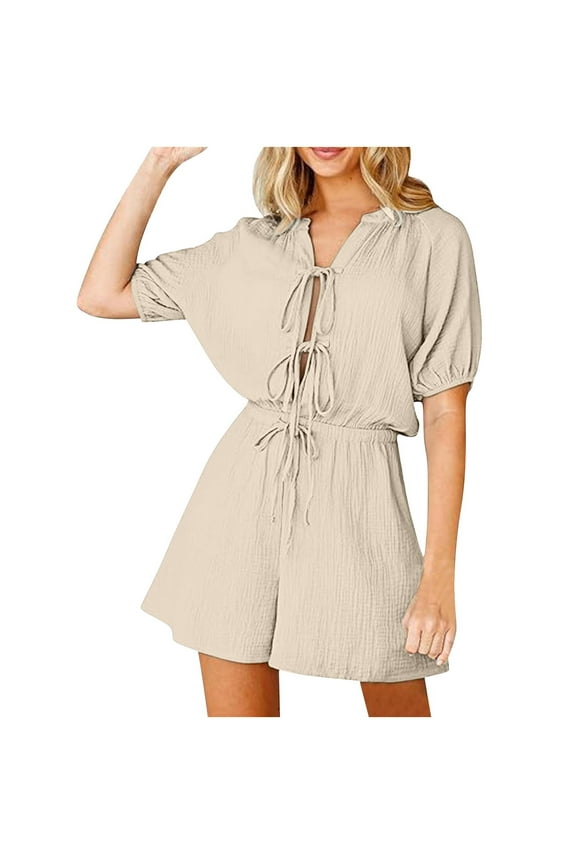 Jumpsuits for Women V Neck Drawstring Puff Sleeve Loose Elastic Waisted Wide Leg Shorts Rompers