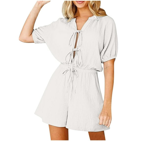aidice Jumpsuits for Women V Neck Drawstring Puff Sleeve Loose Elastic Waisted Wide Leg Shorts Rompers