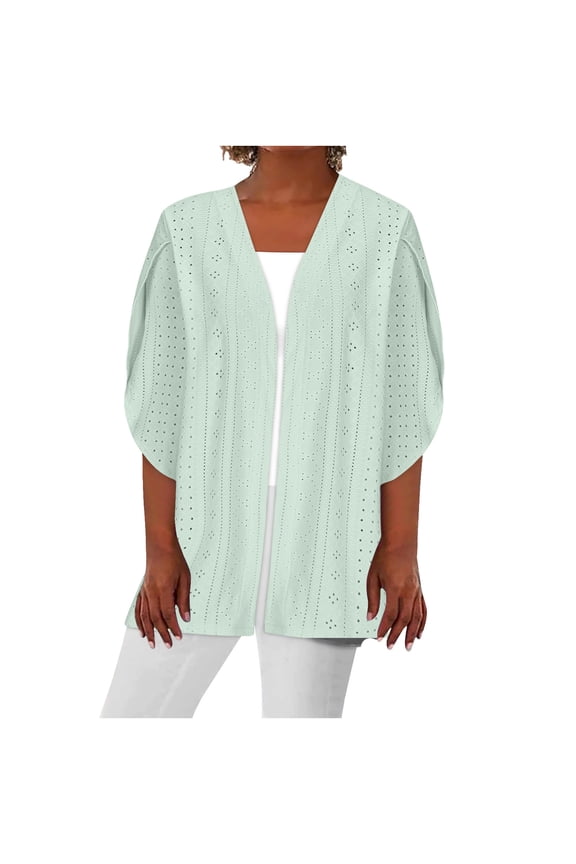 Lightweight Cardigans for Women Eyelet Open Front 3/4 Sleeve Loose Comfy Summer Casual Jackets