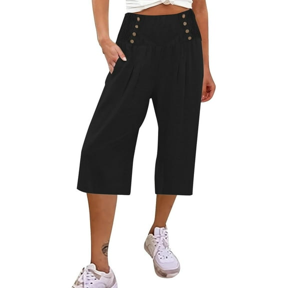 aidice Linen Capris for Women Elastic Waist Capri Pants with Pockets Summer Casual Outdoor Capris