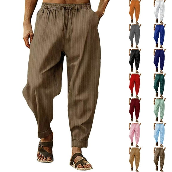 aidice Linen Pants for Men Lightweight Casual Loose Fitted Drawstring High Waisted Trousers with Pockets