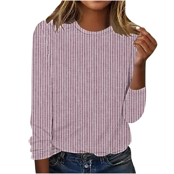 aidice Long Sleeve Shirts for Women Casual Crewneck Fitting Comfy Tops Striped Fashion Tee Shirts