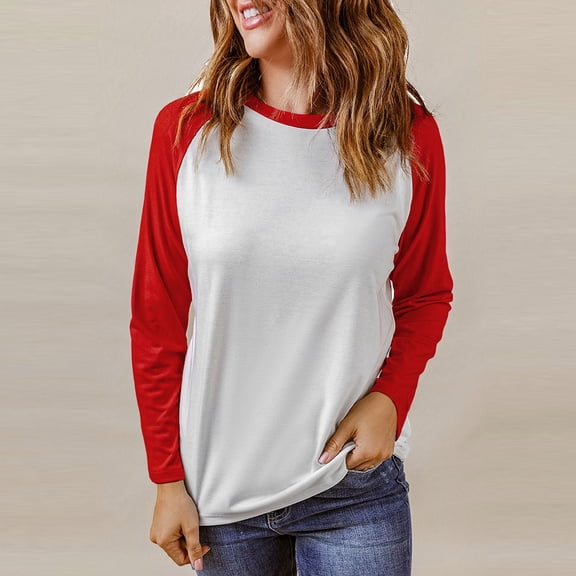 aidice Long Sleeve Shirts for Women Fall Round Neck Comfy Casual Color Block Pullover Loose Blouses Tops