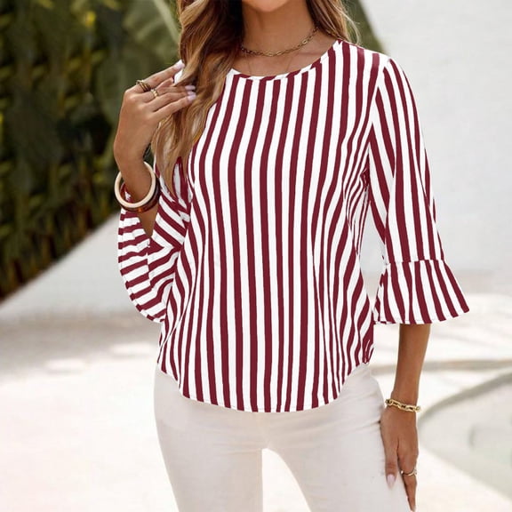 aidice Long Sleeve Shirts for Women Round Neck Flare Sleeve Loose Striped Pullover Casual Blouses Tops