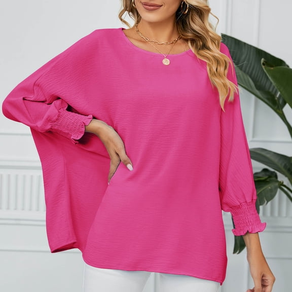 aidice Long Sleeve Shirts for Women Round Neck Loose Casual Smocked Solid Color Lightweight Blouses Tops