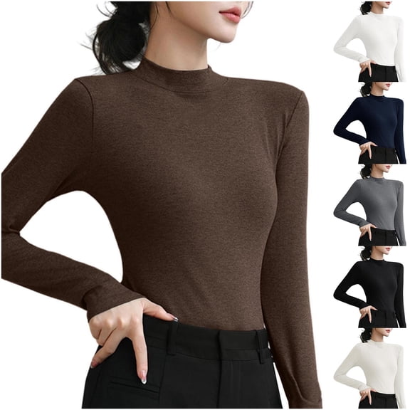 aidice Long Sleeve Tops for Women Basic Layer Top Tees Shirts High Neck Slim Fitted Stretch Undershirt