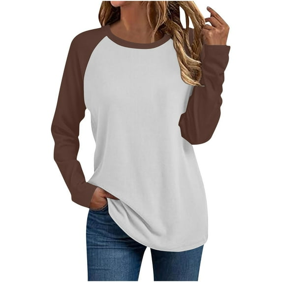 aidice Long Sleeve Tops for Women Color Blocked Casual Loose Crewneck Stretch Comfy Basic Top Tees Shirt Blouse