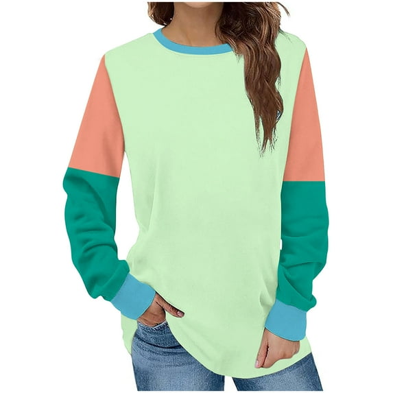 aidice Long Sleeve Tops for Women Crewneck Long Sleeve Loose Pullover Casual Color Block Blouses Tops