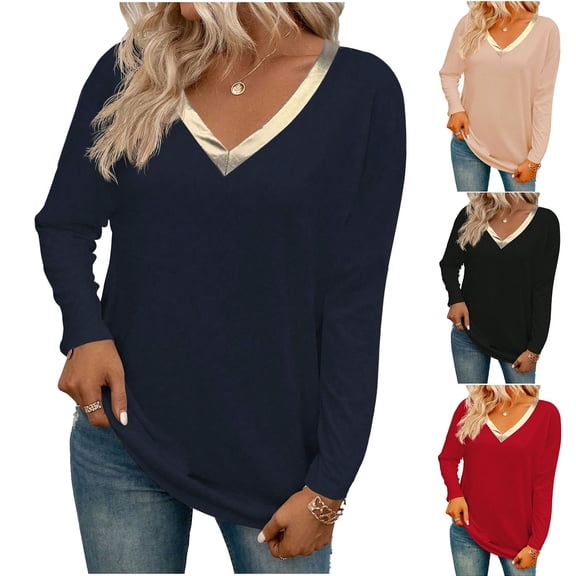 aidice Long Sleeve Tops for Women Patchwork V Neck Comfy Stretch Top Tees Shirts Spring Casual Fitted Tshirt