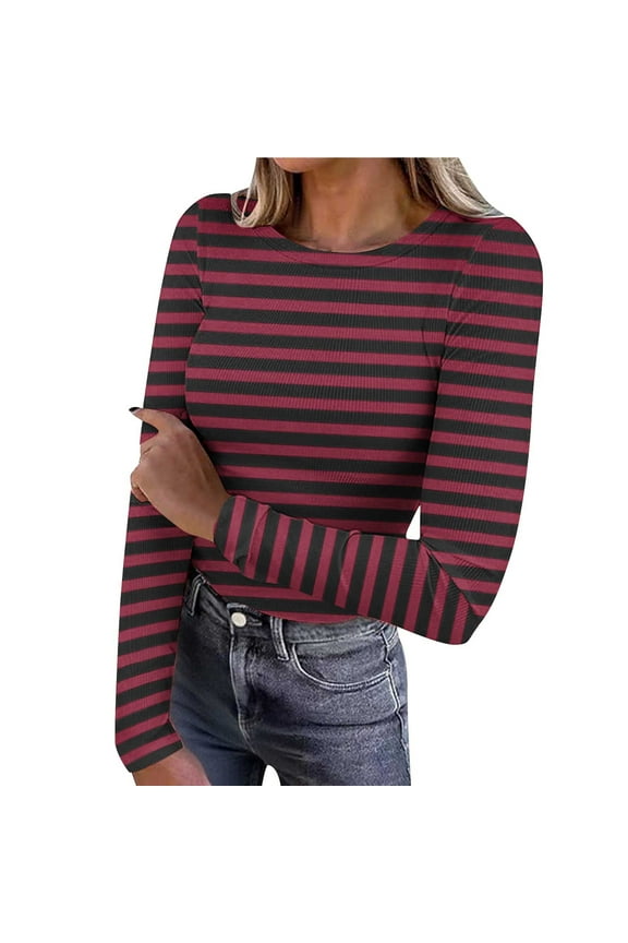 Long Sleeve Tops for Women Ribbed Striped Crewneck Slim Fitted Stretch Fall Basic Layer Shirts Blouse