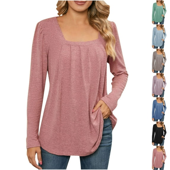 aidice Long Sleeve Tops for Women Tunic Tops to Wear with Leggings Long Sleeve Square Neck Ruched Loose Casual Shirts