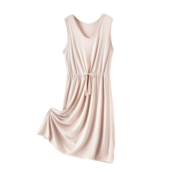 aidice Lounge Dresses for Women Round Neck Sleeveless Drawstring Ruched Comfy Soft Pajamas Dresses