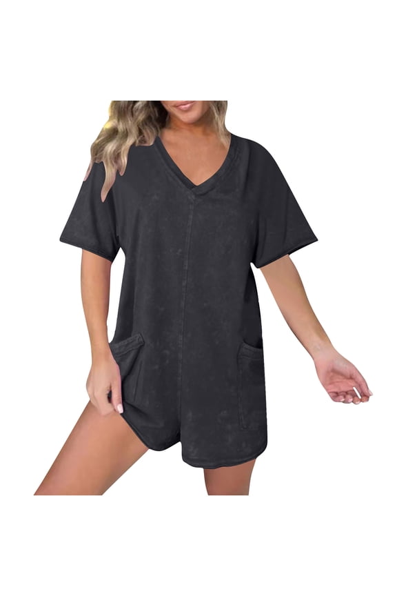 Lounge Jumpsuits for Women Summer V Neck 1/2 Sleeve Loose Comfy Hidden Zipper Shorts Rompers