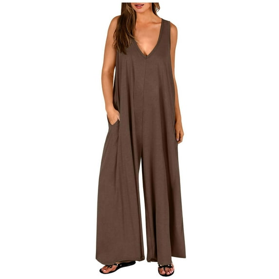 aidice Lounge Jumpsuits for Women Summer V Neck Sleeveless Loose Casual Comfy Homewear Pants Rompers Pockets