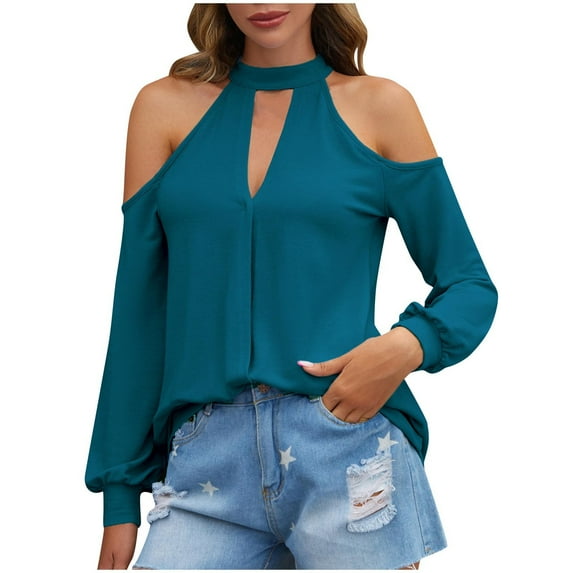 aidice Off the Shoulder Tops for Women Casual High Neck Long Sleeve Loose Keyhole Solid Color Shirts
