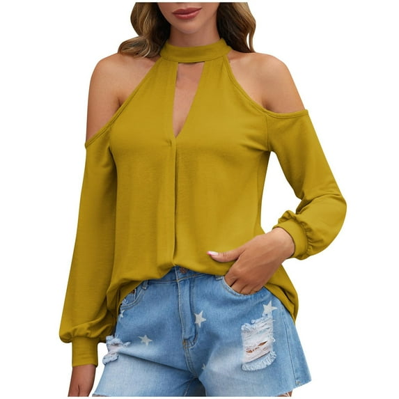 aidice Off the Shoulder Tops for Women Casual High Neck Long Sleeve Loose Keyhole Solid Color Shirts
