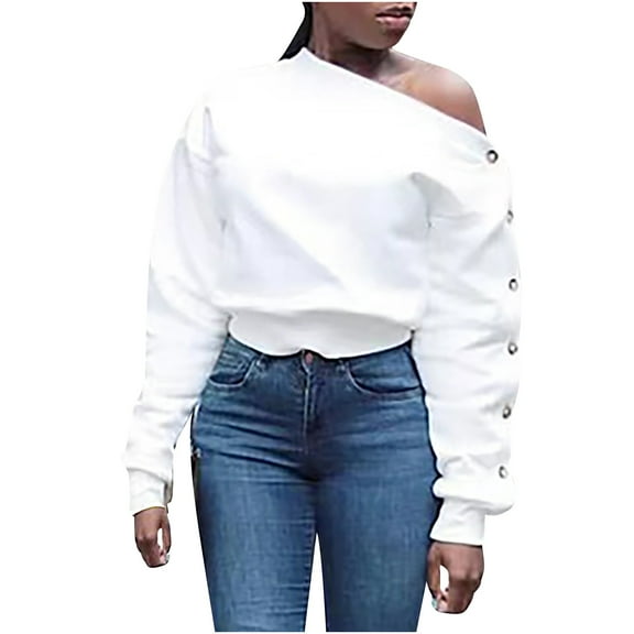 aidice Off the Shoulder Tops for Women Long Sleeve Button Loose Elastic Waisted Solid Color Shirts
