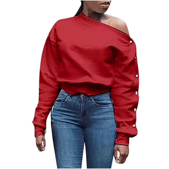 aidice Off the Shoulder Tops for Women Long Sleeve Button Loose Elastic Waisted Solid Color Shirts