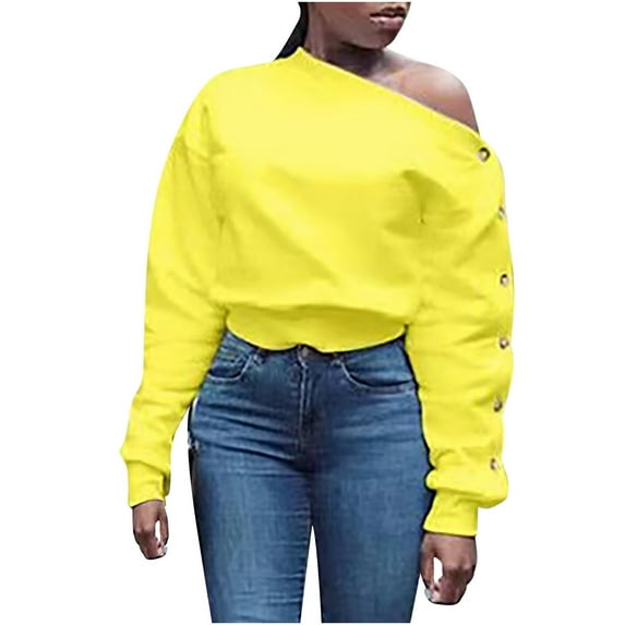 aidice Off the Shoulder Tops for Women Long Sleeve Button Loose Elastic Waisted Solid Color Shirts