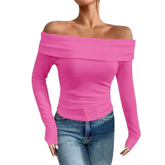 aidice Off the Shoulder Tops for Women Long Sleeve Slim Fitting Comfy Ruched Solid Color Tee Shirts