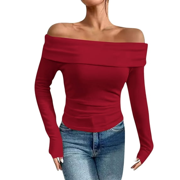 aidice Off the Shoulder Tops for Women Long Sleeve Slim Fitting Comfy Ruched Solid Color Tee Shirts