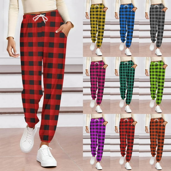 aidice Pajama Pants for Women Plaid Drawstring High Waisted Comfy Lightweight Sleepwear Cinch Bottom Joggers with Pockets