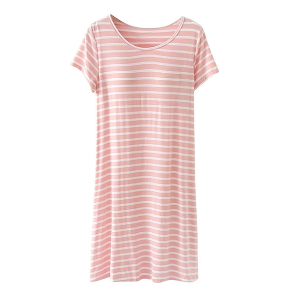 aidice Pajamas Dresses for Women Round Neck Short Sleeve Soft Comfy Striped Loungewear Night Shirts