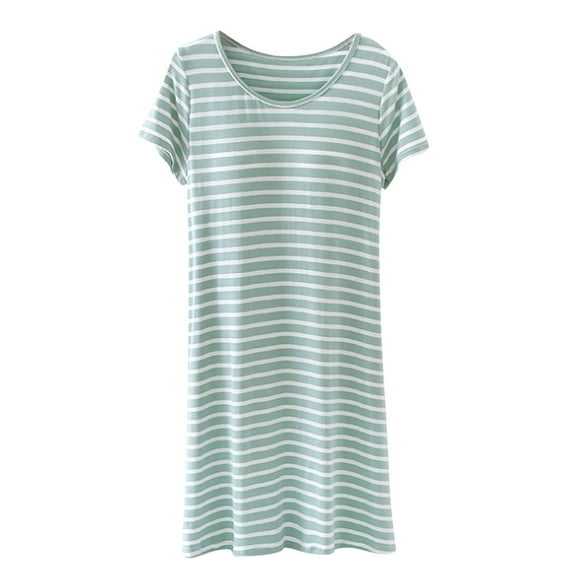 aidice Pajamas Dresses for Women Round Neck Short Sleeve Soft Comfy Striped Loungewear Night Shirts