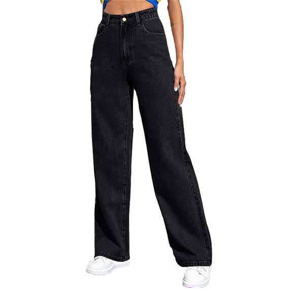 aidice Pants for Women Denim Button Zip Elastic Waisted Fitting Classical Straight Leg Pants with Pockets