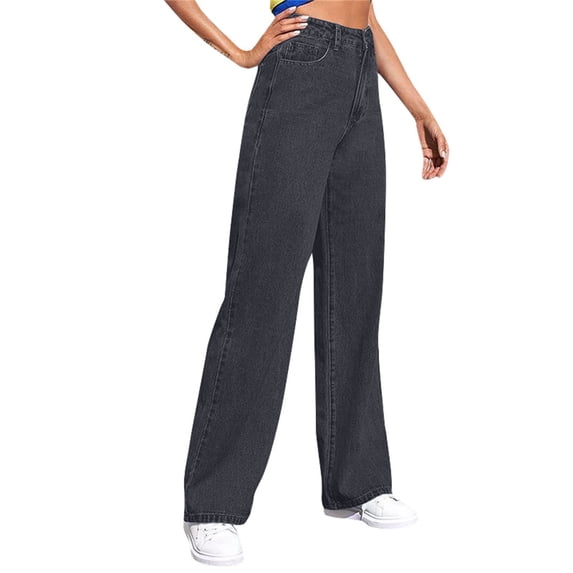 aidice Pants for Women Denim Button Zip Elastic Waisted Fitting Classical Straight Leg Pants with Pockets