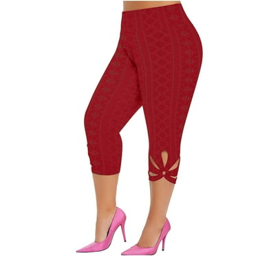 aidice Plus Size Capri Pants for Women Cropped Leggings 3/4 Length High Waisted Eyelet Boho Capris