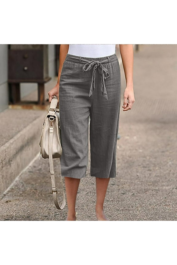 Plus Size Cotton Linen Shorts for Women Capris Lightweight Summer Shorts with Pockets Casual Solid 3/4 Pants