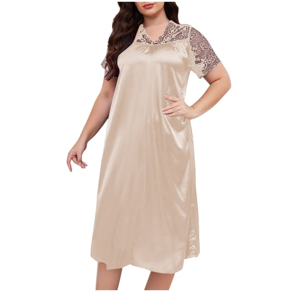 aidice Plus Size Dresses for Women Pajamas V Neck Lace Short Sleeve Loose Comfy Smoothing Nightgowns