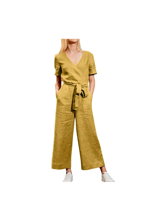 Plus Size Jumpsuits for Women Cotton Linen Lightweight V Neck Short Sleeve Belt Zip Loose Casual Pants