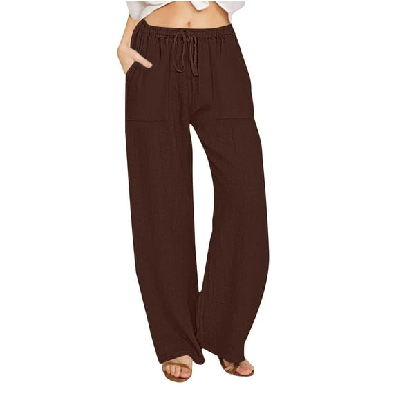 aidice Plus Size Lounge Pants for Women Cotton Linen Lightweight Loose Drawstring High Waisted Trousers with Pockets