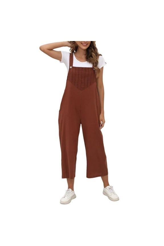 Plus Size Overalls for Women Cotton Linen Lightweight Cropped Solid Color Capri Pants Jumpsuits