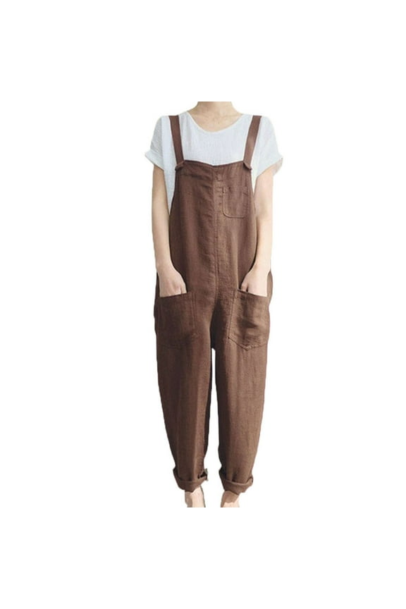 Plus Size Overalls for Women Summer Casual Cotton Linen Lightweight Loose Solid Color Jumpsuits