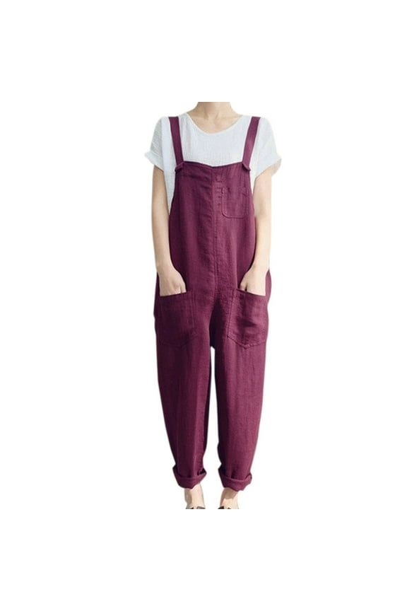 Plus Size Overalls for Women Summer Casual Cotton Linen Lightweight Loose Solid Color Jumpsuits