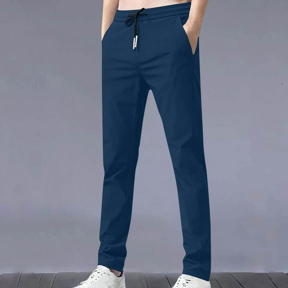 aidice Plus Size Pants for Men Drawstring Elastic Waist Fitted Straight Leg Trousers with Pockets Casual Comfy Pants