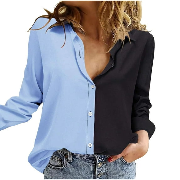 aidice Plus Size Shirts for Women Casual Lapel Neck Long Sleeve Button up Blouses Loose Color Block Tops