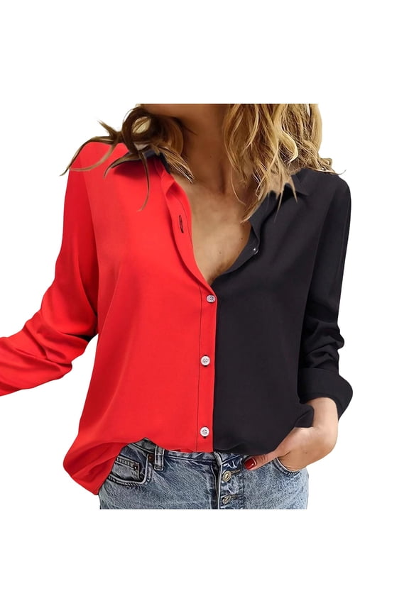 Plus Size Shirts for Women Casual Lapel Neck Long Sleeve Button up Blouses Loose Color Block Tops