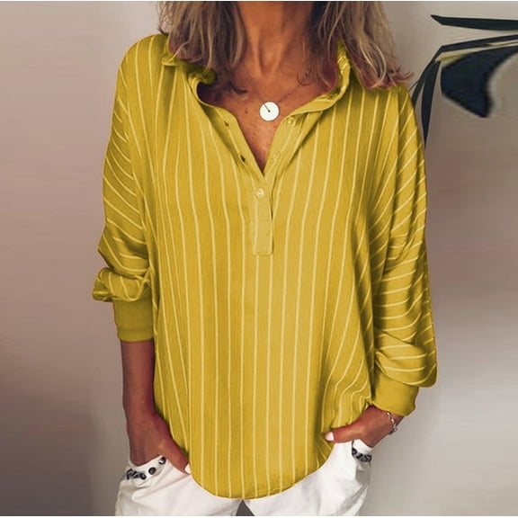 aidice Plus Size Shirts for Women Lapel Neck Long Sleeve Button Striped Loose Casual Office Pullover Tops