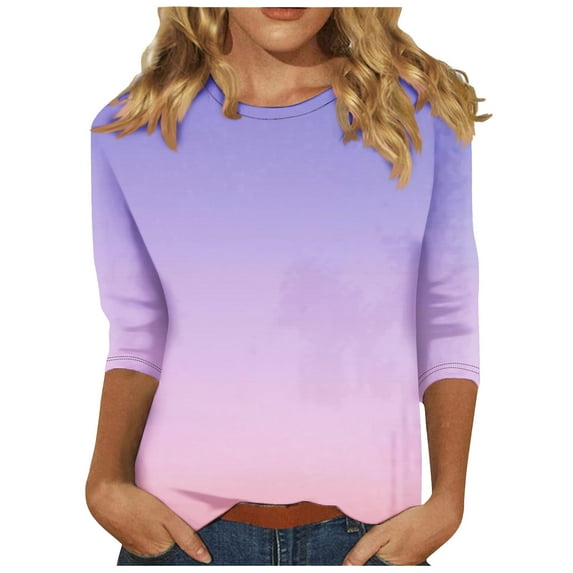 aidice Plus Size T Shirts for Women Casual Comfy Fitting Round Neck 3/4 Sleeve Gradient Color Shirts