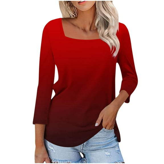 aidice Plus Size T Shirts for Women Casual Square Neck 3/4 Sleeve Comfy Fitting Gradient Color Shirts