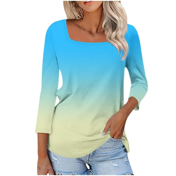 aidice Plus Size T Shirts for Women Casual Square Neck 3/4 Sleeve Comfy Fitting Gradient Color Shirts