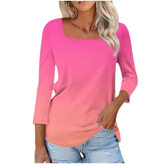 aidice Plus Size T Shirts for Women Casual Square Neck 3/4 Sleeve Comfy Fitting Gradient Color Shirts