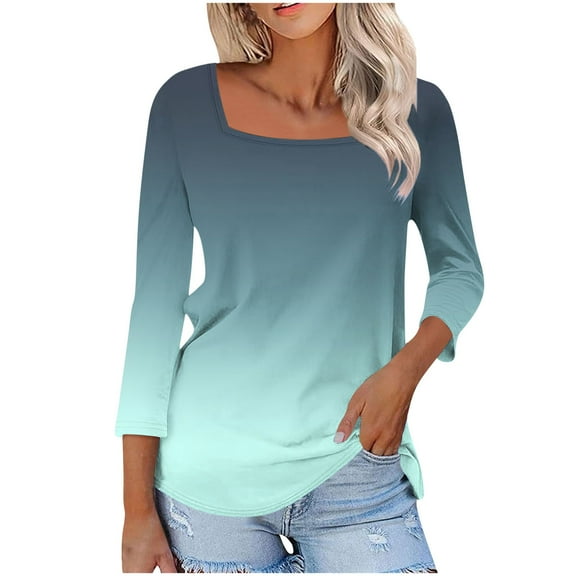 aidice Plus Size T Shirts for Women Casual Square Neck 3/4 Sleeve Comfy Fitting Gradient Color Shirts