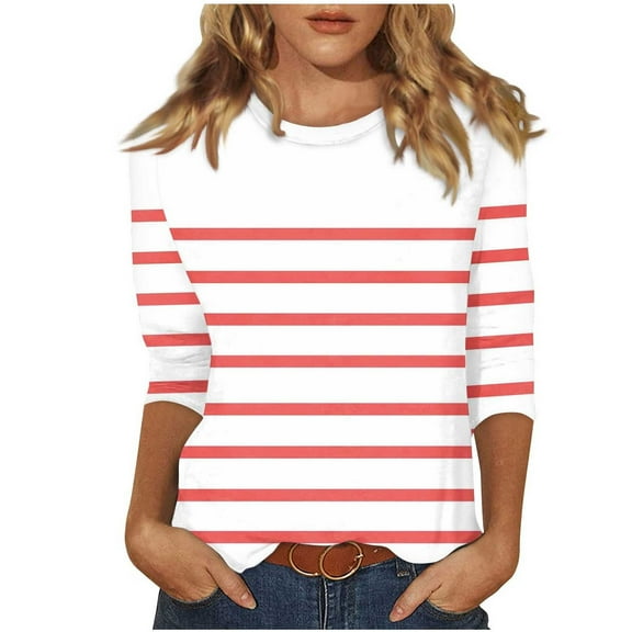 aidice Plus Size T Shirts for Womens Casual Fitting Comfy Round Neck Striped Long Sleeve Fashion Shirts