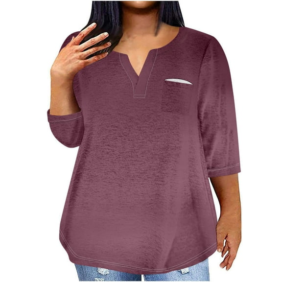 aidice Plus Size Tops for Women Casual Notched V Neck 3/4 Length Sleeve Loose Comfy Solid Color Tshirts